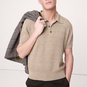 Banana Republic Linen Cotton Sweater Polo Men M Beige Khaki Waffle Thermal Short